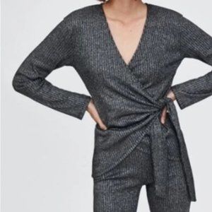 ZARA Charcoal Silver Metallic Ribbed Knit Wrap Holiday Top